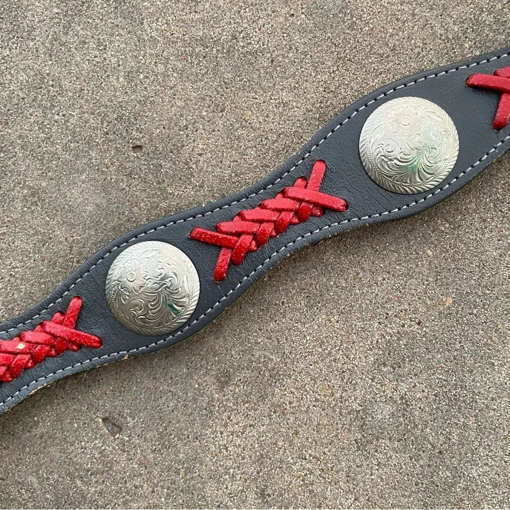 Dun Dee Vintage Grey and Red Leather Concho Belt